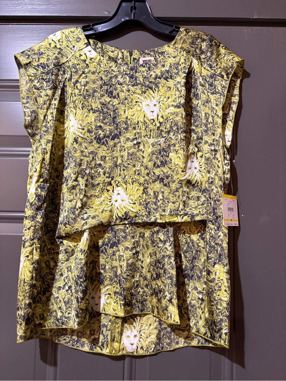 Anne Klein Yellow and Black Lion Print Tiered Blouse